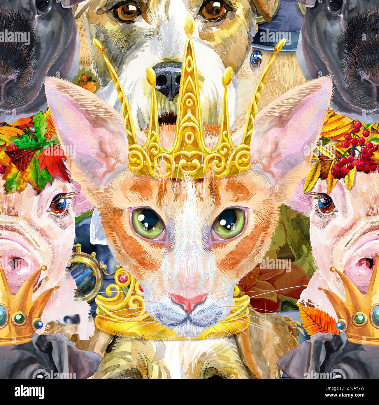 Seamless pets pattern. Hand painted watercolor drawing, isolate clip ...