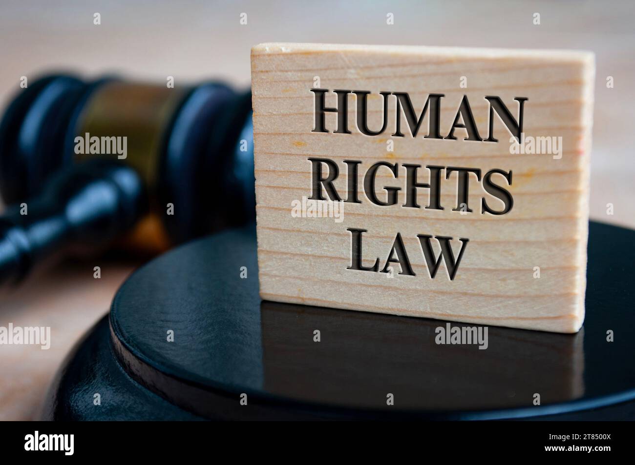 Human Rights Law text engraved on wooden block with gavel background. Legal concept Stock Photo