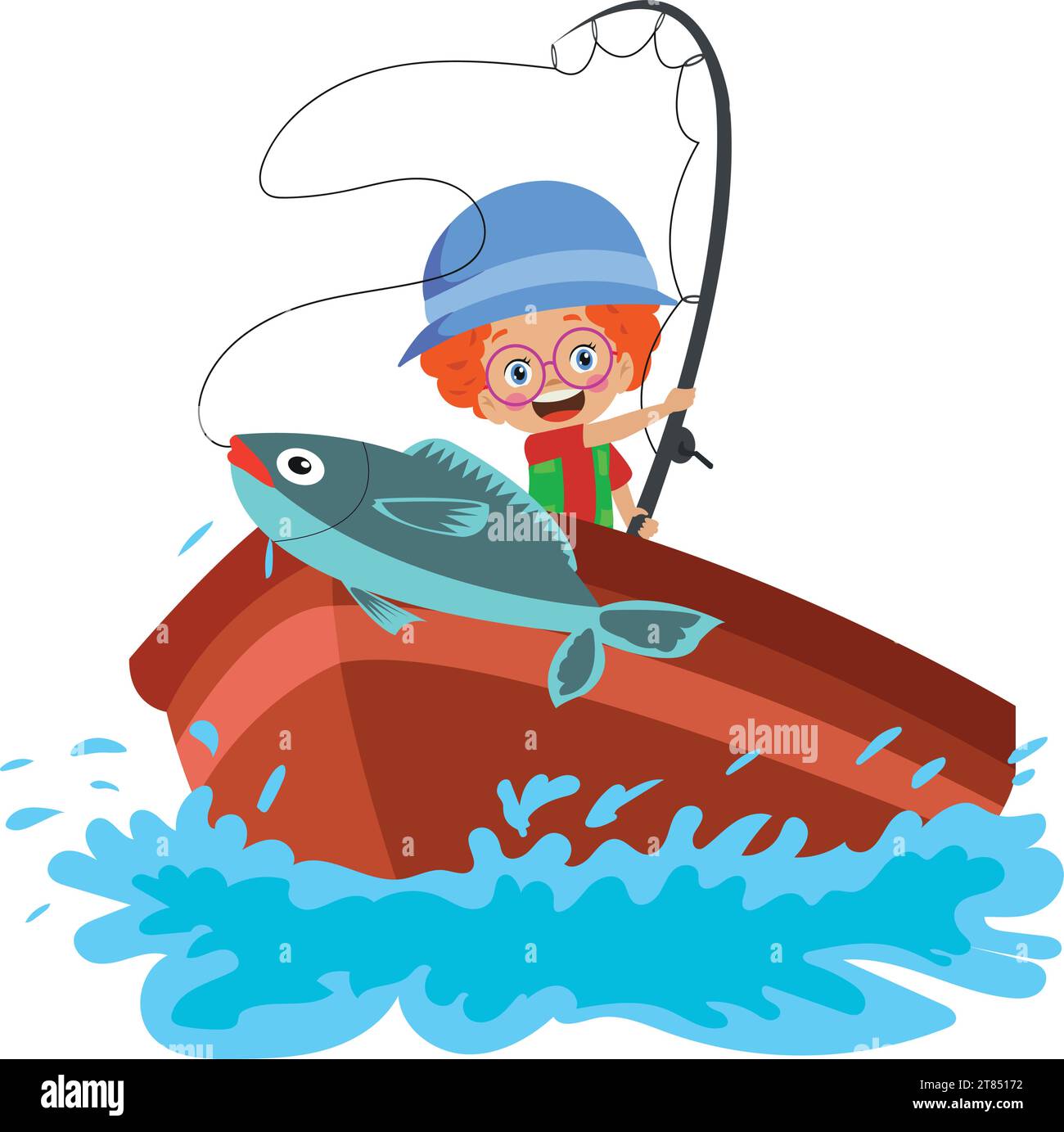 Vector of a Cartoon Fishing Boy with a Bucket of Worms - Coloring