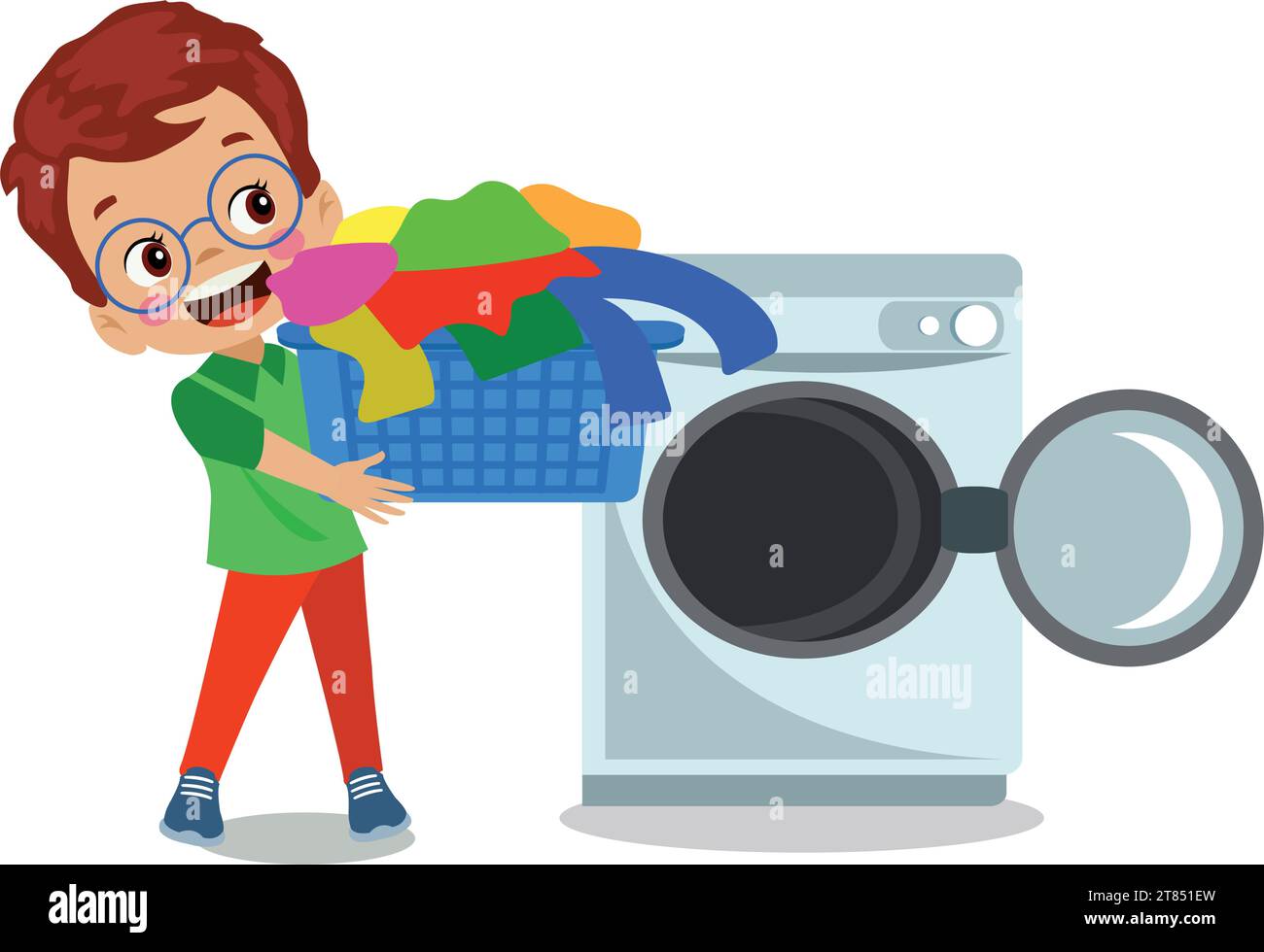 cute boy throwing dirty laundry into the washing machine Stock Vector