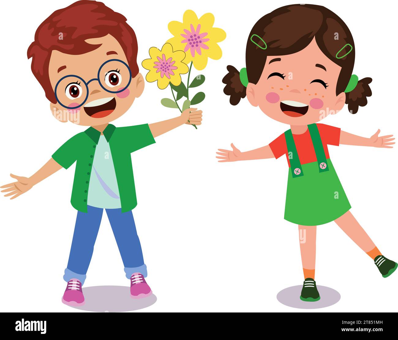 cute boy giving flowers to his friend Stock Vector
