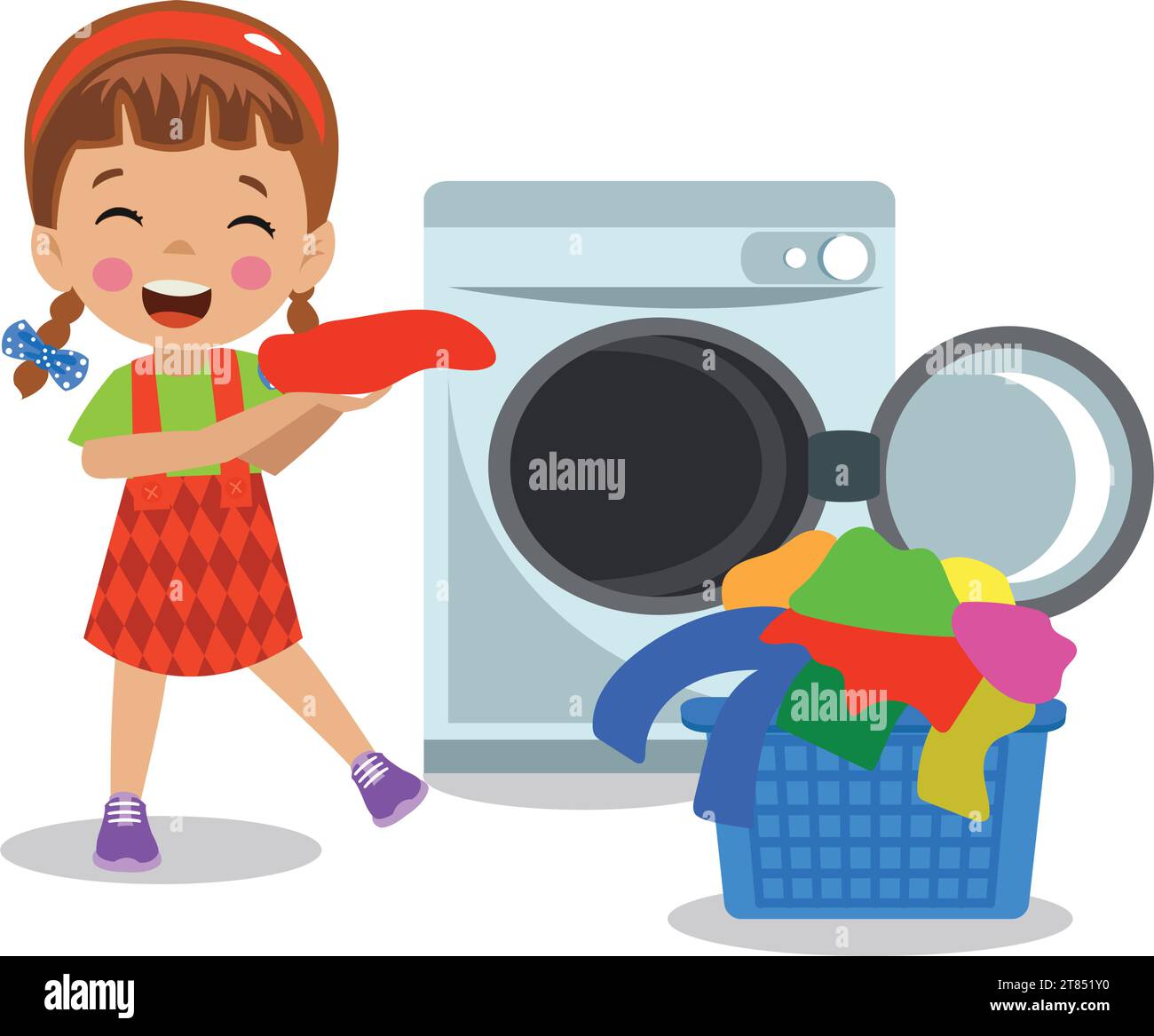 cute boy throwing dirty laundry into the washing machine Stock Vector