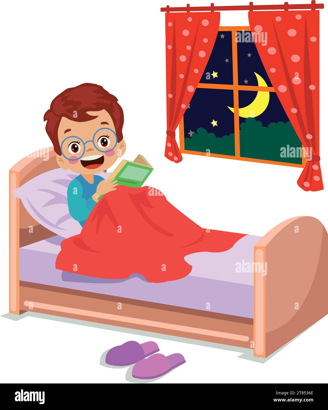 Boy reading a book in bed stock vector image art alamy