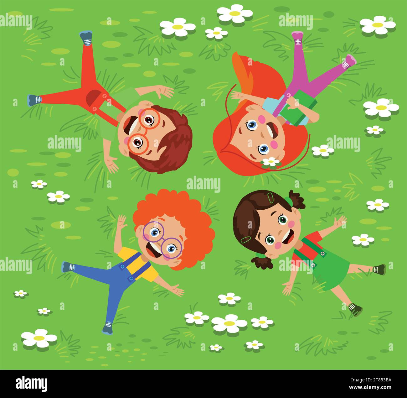 happy cute kids smiling lying down on grass Stock Vector
