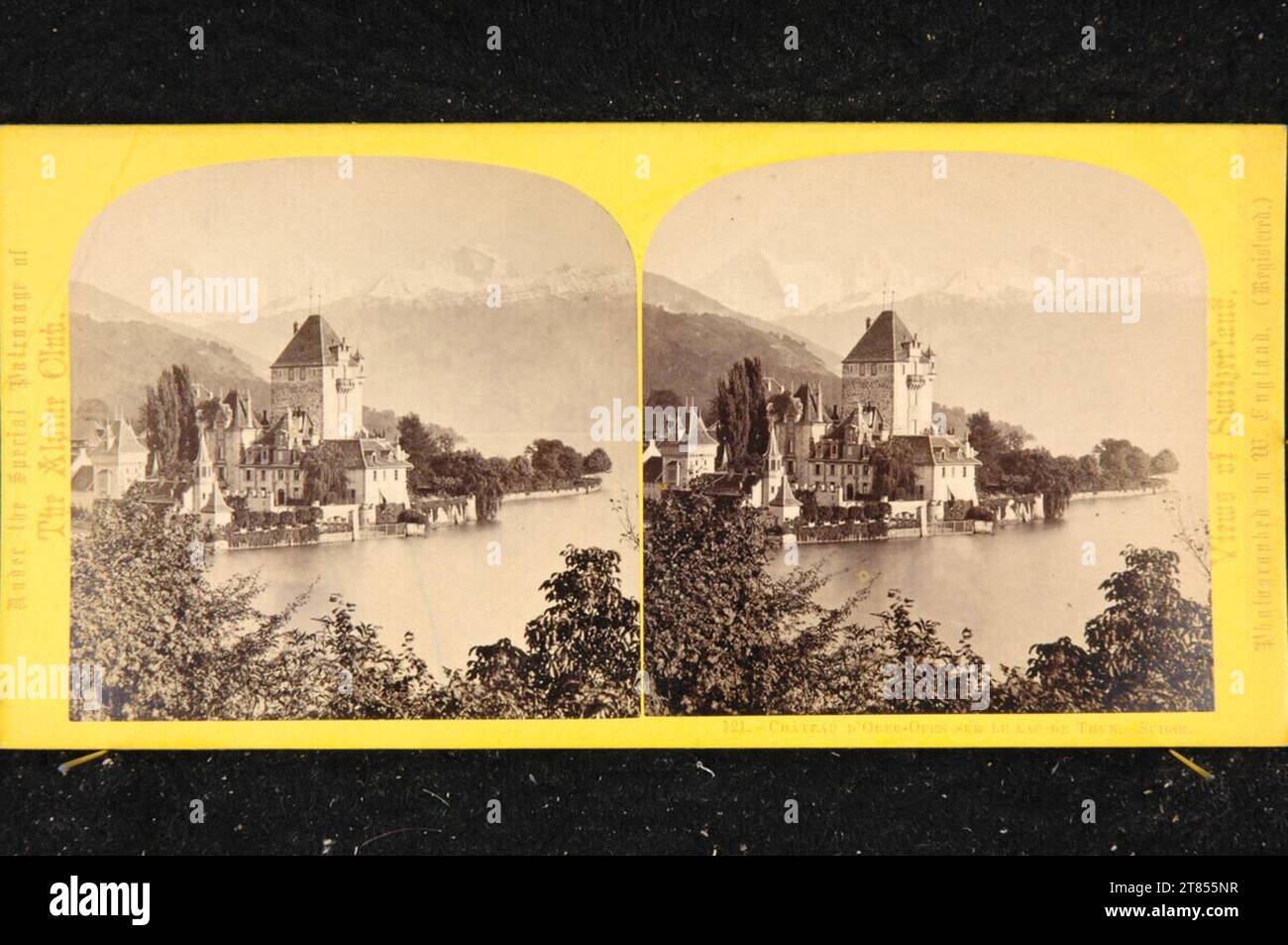 William England Schloss Oberhofen am Thunersee. Albumin paper, on the box box / stereo format 1863 or later Stock Photo