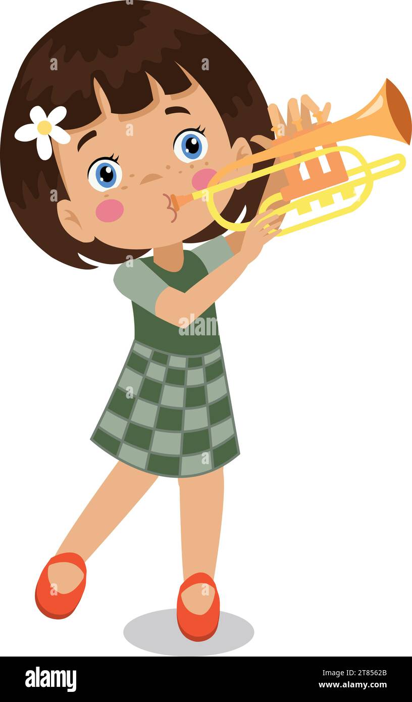Happy boy playing trumpet music Stock Vector