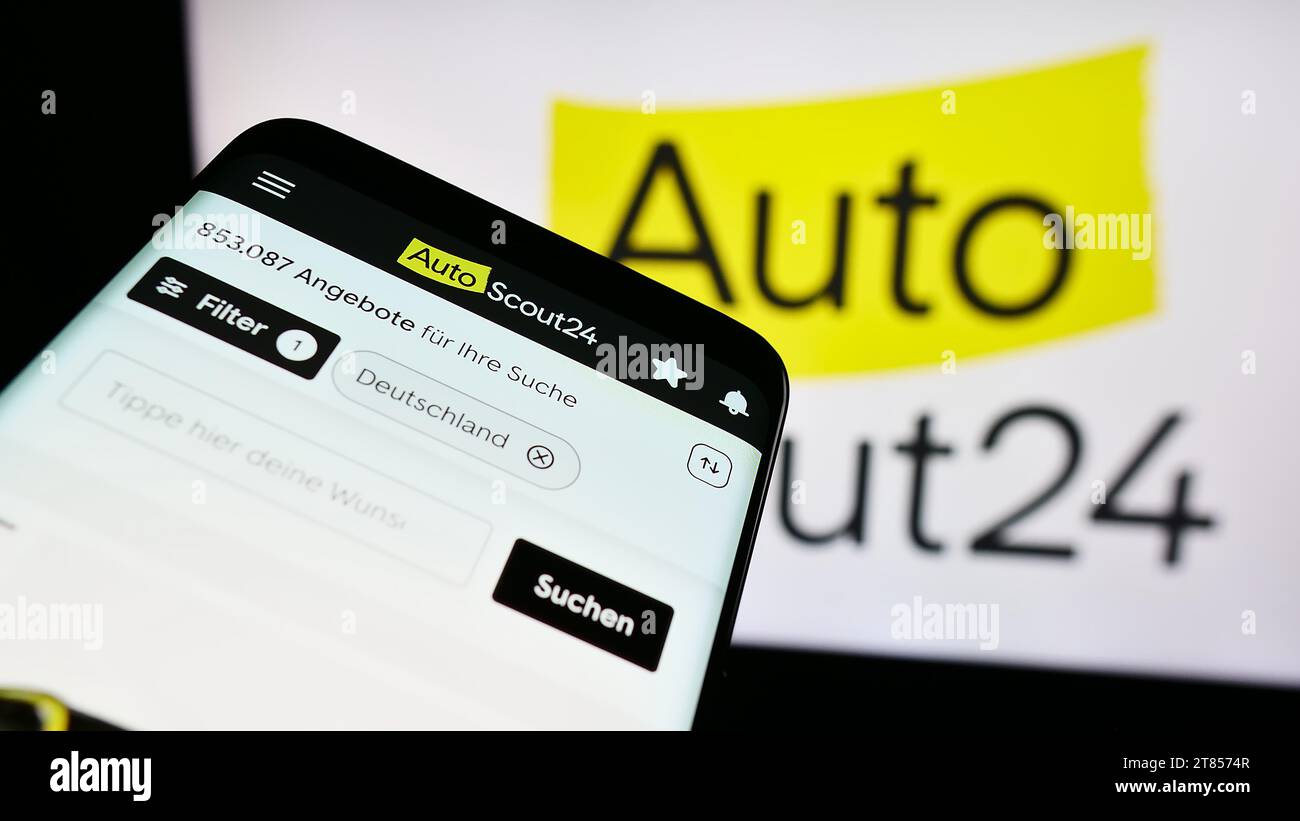 Mobile phone with website of German car online marketplace company  AutoScout24 GmbH in front of logo. Focus on top-left of phone display Stock  Photo - Alamy