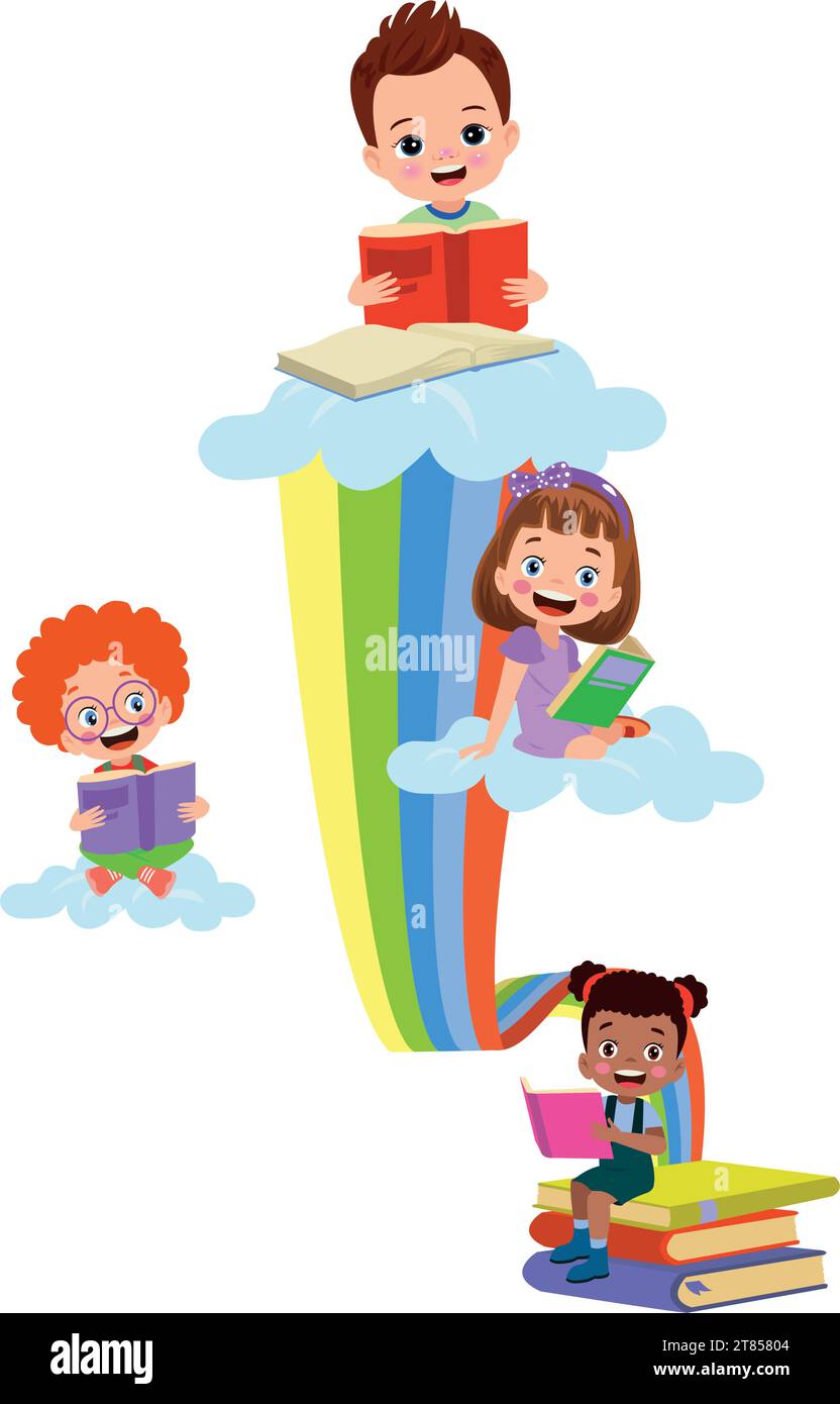 Children playing on a rainbow. Vector illustration in flat cartoon ...