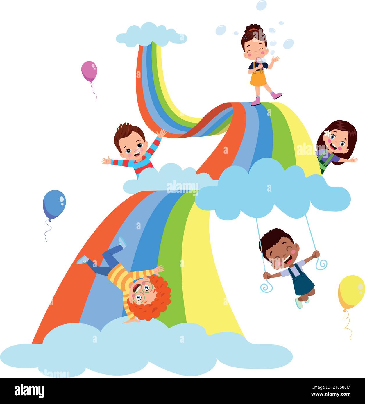 Children playing on a rainbow. Vector illustration in flat cartoon ...
