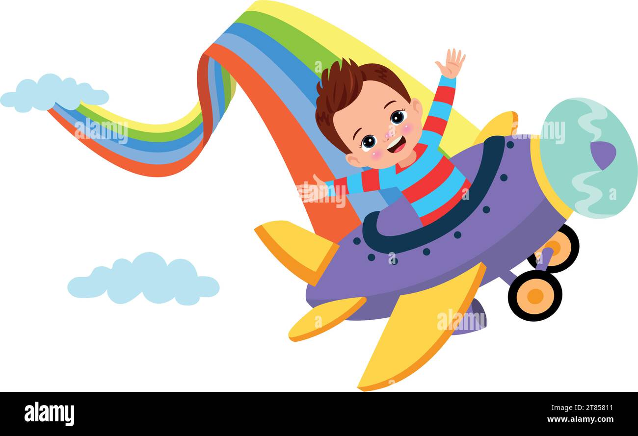 cute little boy flying airplane with rainbow flag vector illustration graphic design Stock Vector