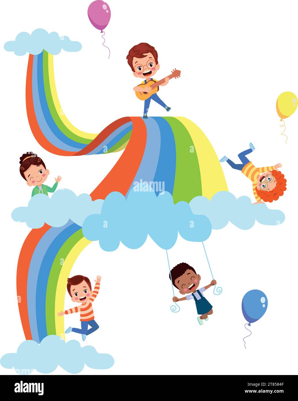 Happy kids playing on a rainbow. Vector cartoon illustration isolated ...
