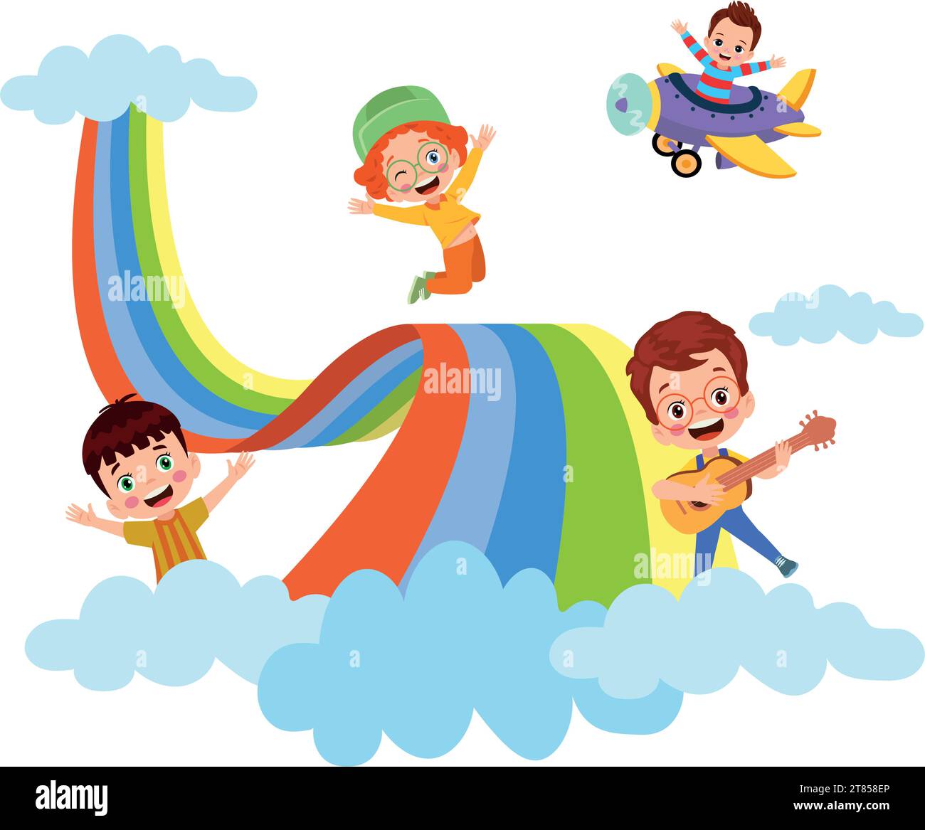 Children playing on rainbow. Vector illustration isolated on a white ...