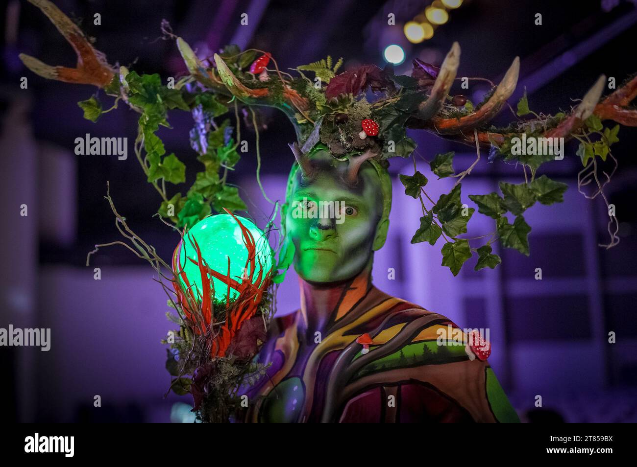 Coventry, UK. 18th November 2023. Striking makeup and prosthetic