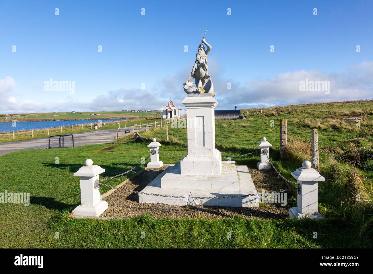 The Italian Chapel War memorial, including a statue of Saint George, outside the chapel, Lamb Holm, Orkney, UK Stock Photo