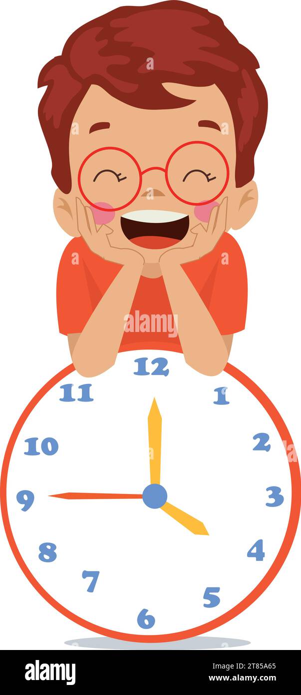 cute happy kid holding clock Stock Vector