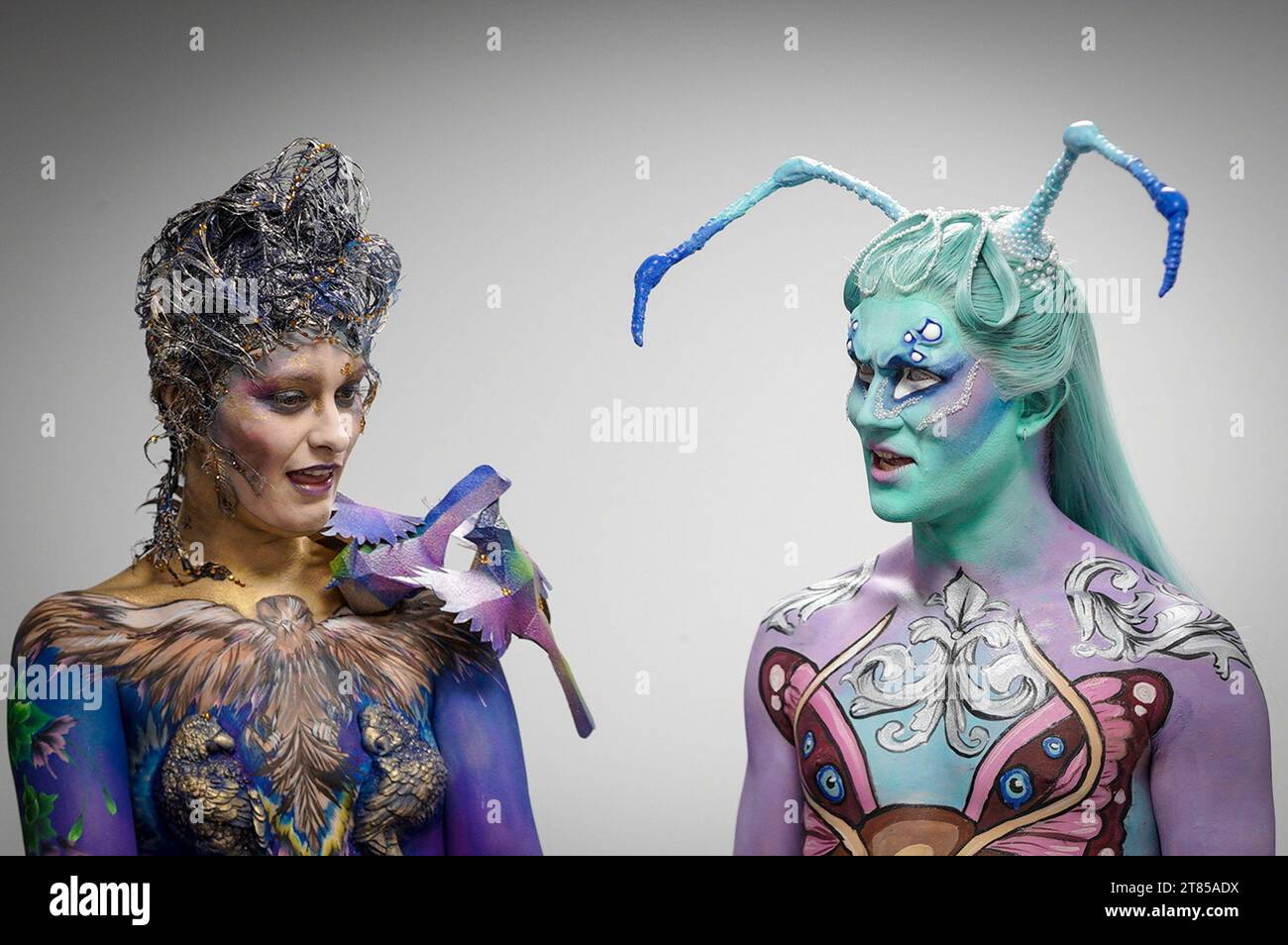 Coventry, UK. 18th November 2023. Striking makeup and prosthetic