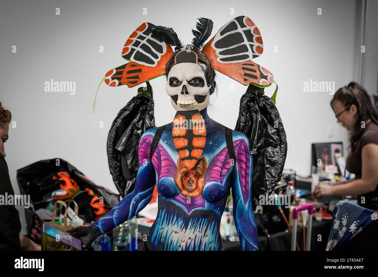 Coventry, UK. 18th November 2023. Striking makeup and prosthetic