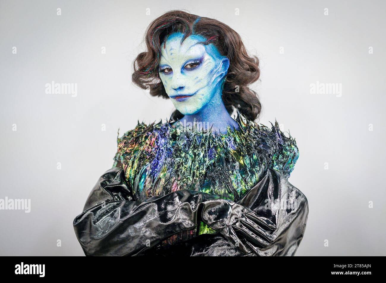 Coventry, UK. 18th November 2023. Striking makeup and prosthetic