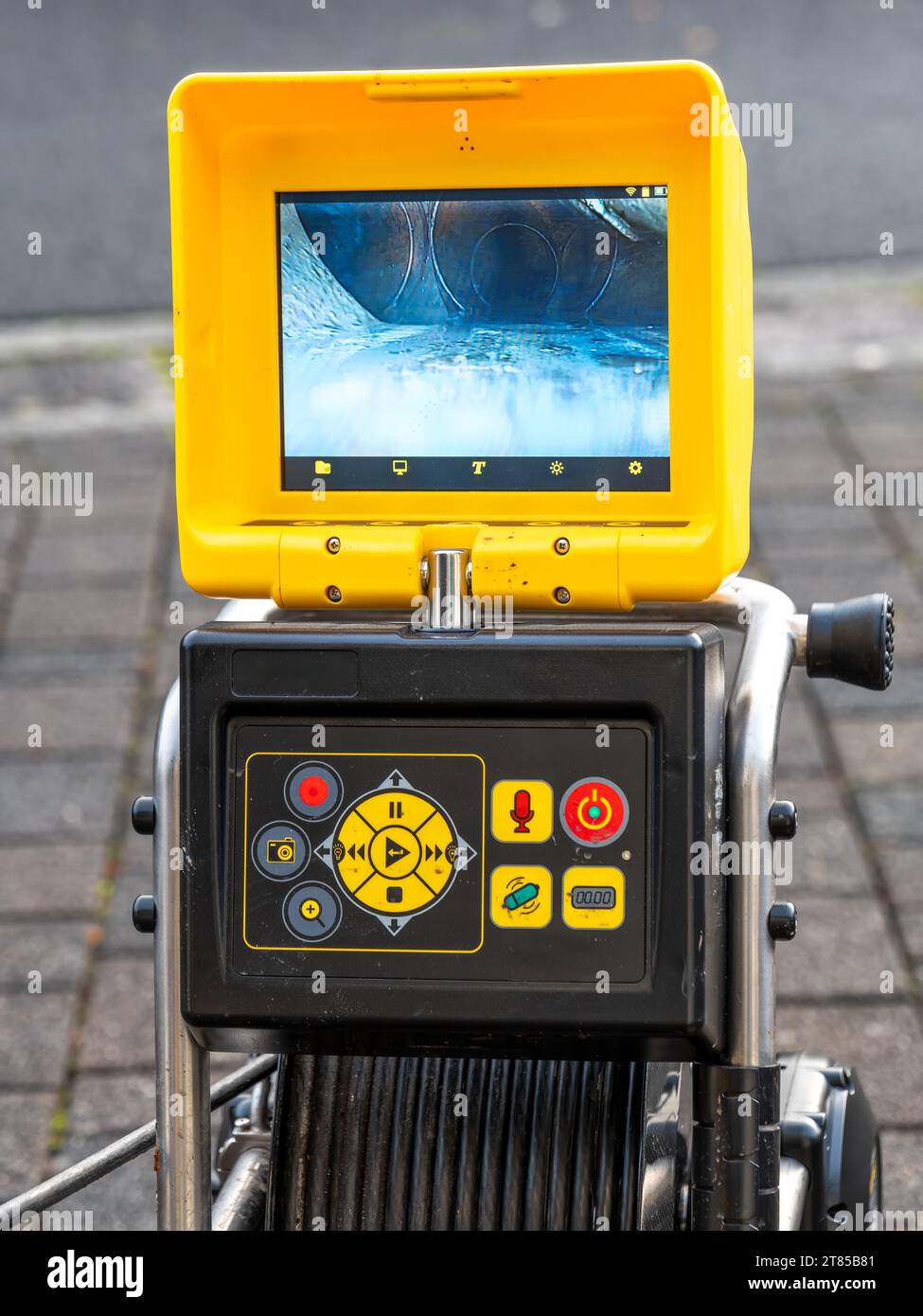 Blocked pipe. Drain inspection with camera. Screen shows the cleaning