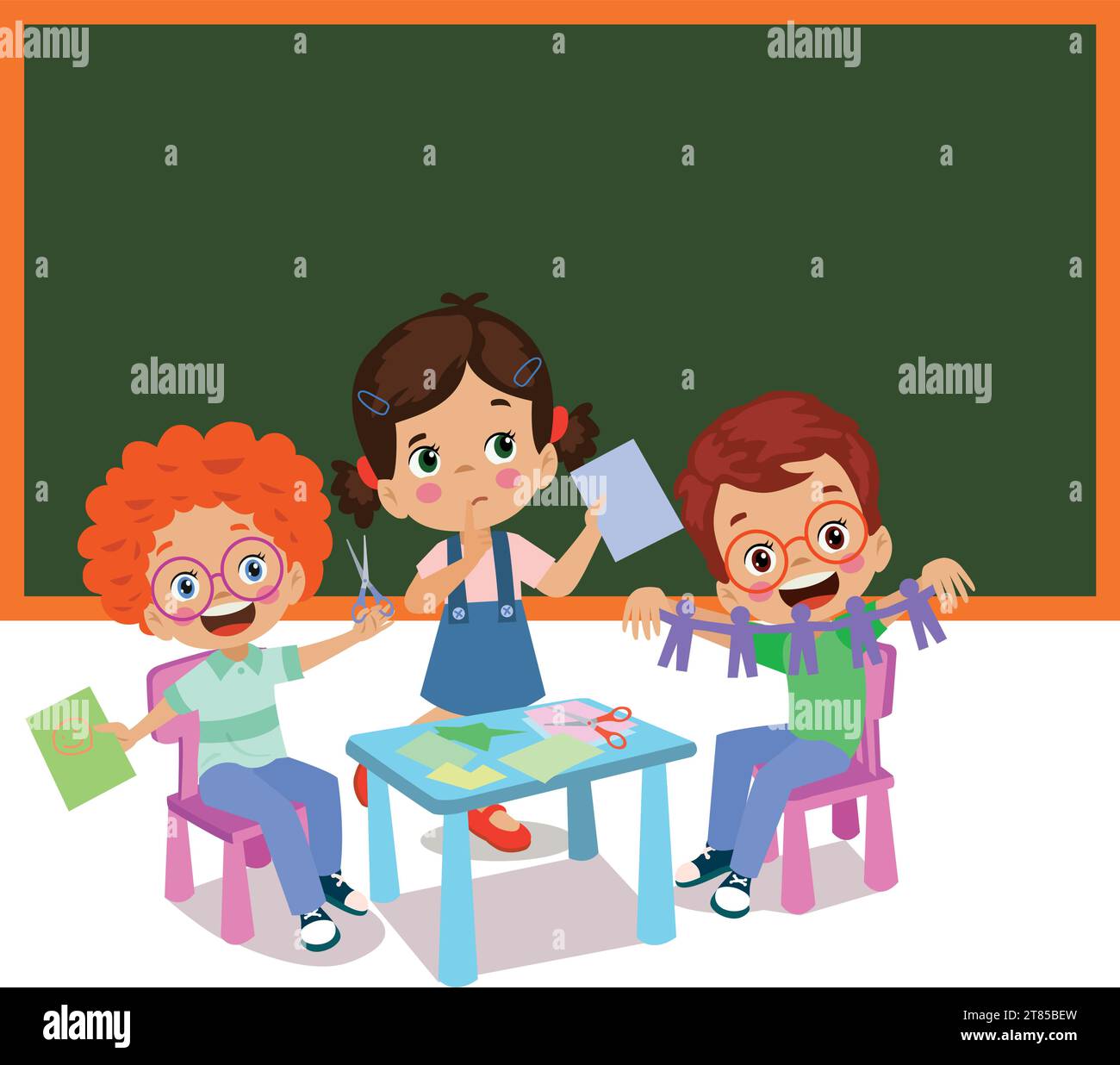 cute boy painting and cutting colorful craft papers Stock Vector Image ...