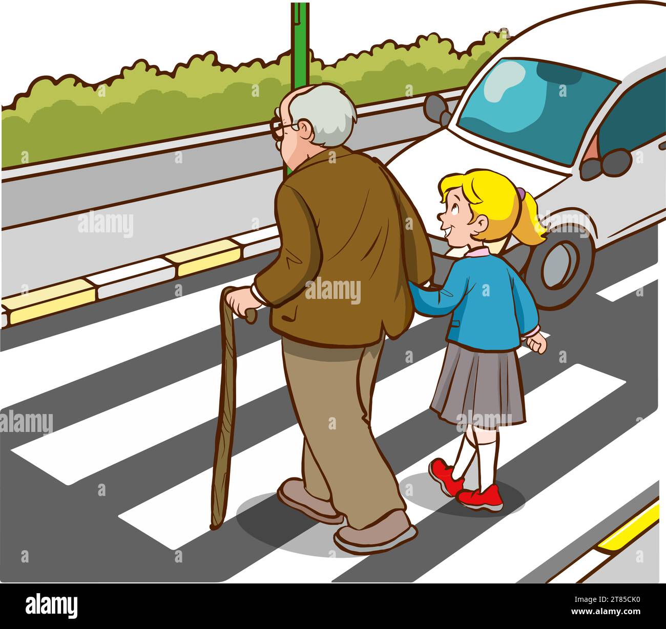 vector illustration of little girl helping old man at crosswalk Stock Vector