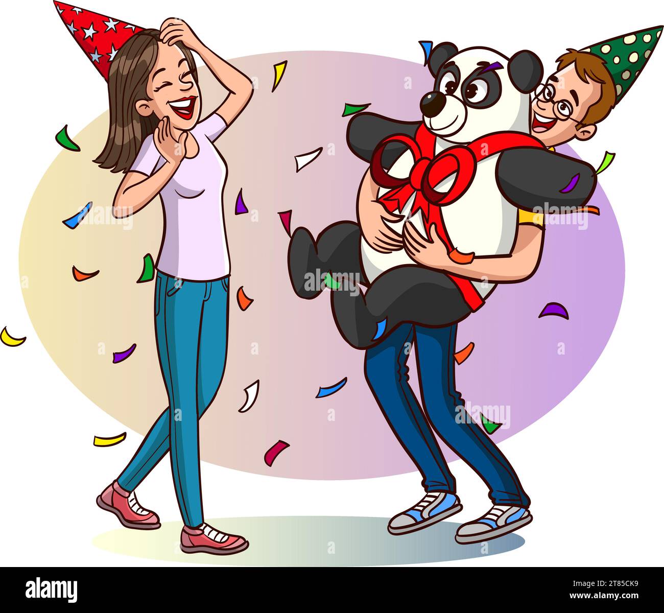 bought a gift for their friend. giving a gift to his friend Stock Vector