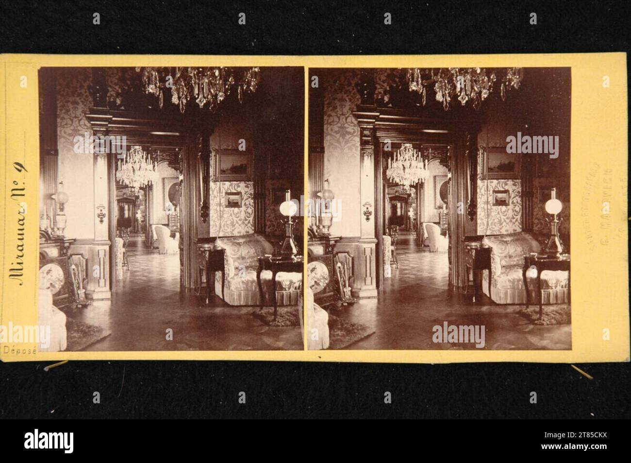 Joseph Malovich The 1856-1860 Miramare Castle at Trieste: View through the halls. Albumin paper, on the box box / stereo format 1860 or later Stock Photo