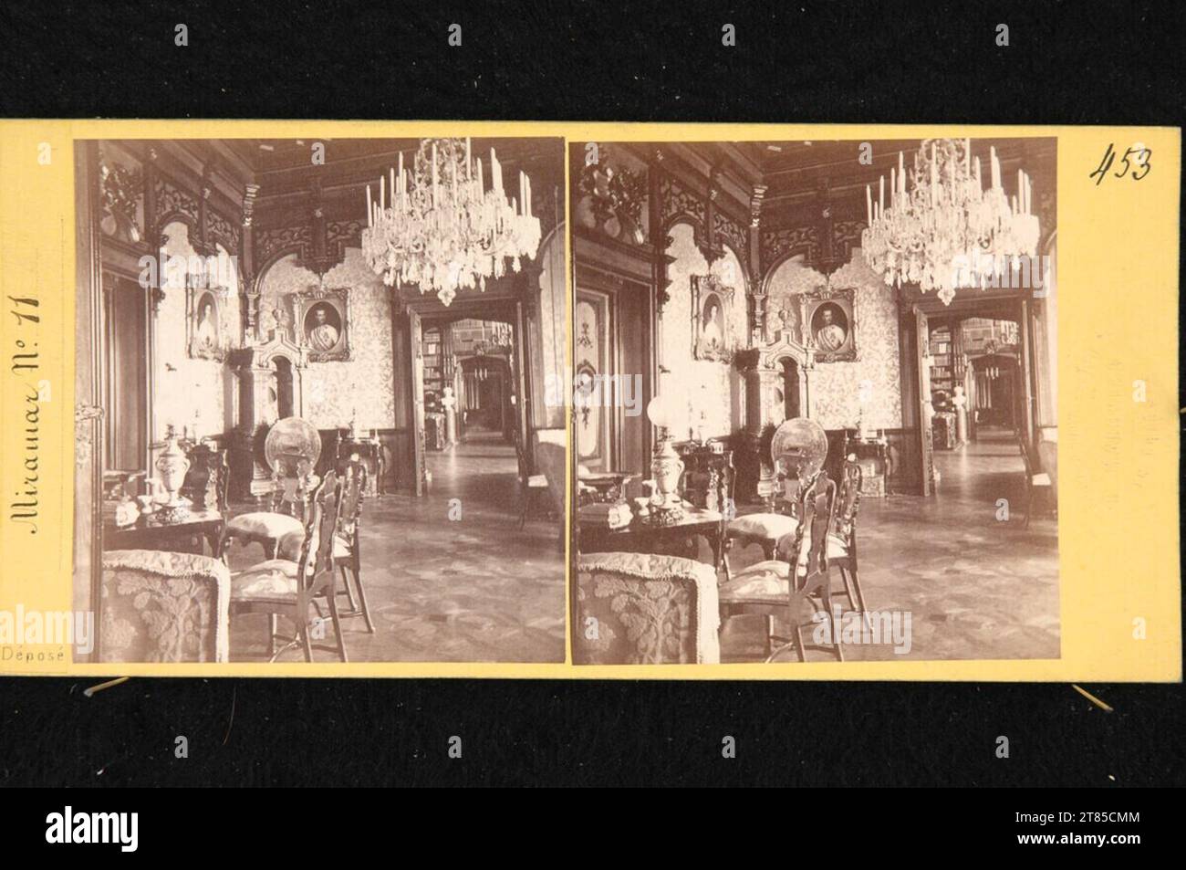 Joseph Malovich The Miramare Castle, built in 1856-1860, near Trieste: Lounge in front of the library with imperial portraits on the wall. Albumin paper, on the box box / stereo format 1860 or later Stock Photo