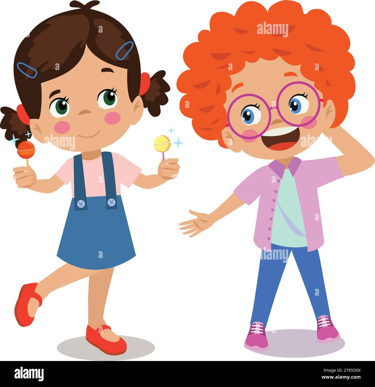 cute girl giving lollipop candy to her friend Stock Vector