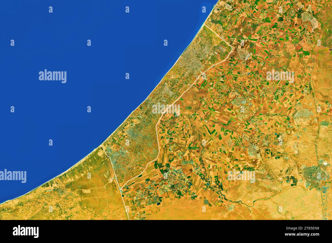 Gaza, Palestine - Close up map of the Gaza Strip, satellite view, top view, border recolored, edited Stock Photo