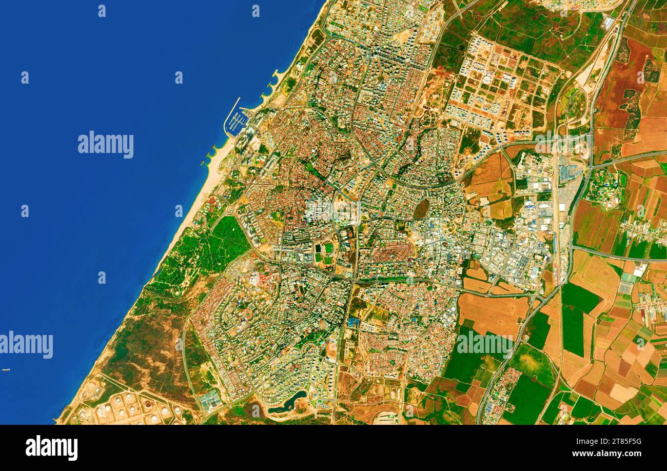 Ashkelon, Israel - Close up map of the Ashkelon city, satellite view, top view, border recolored, edited Stock Photo