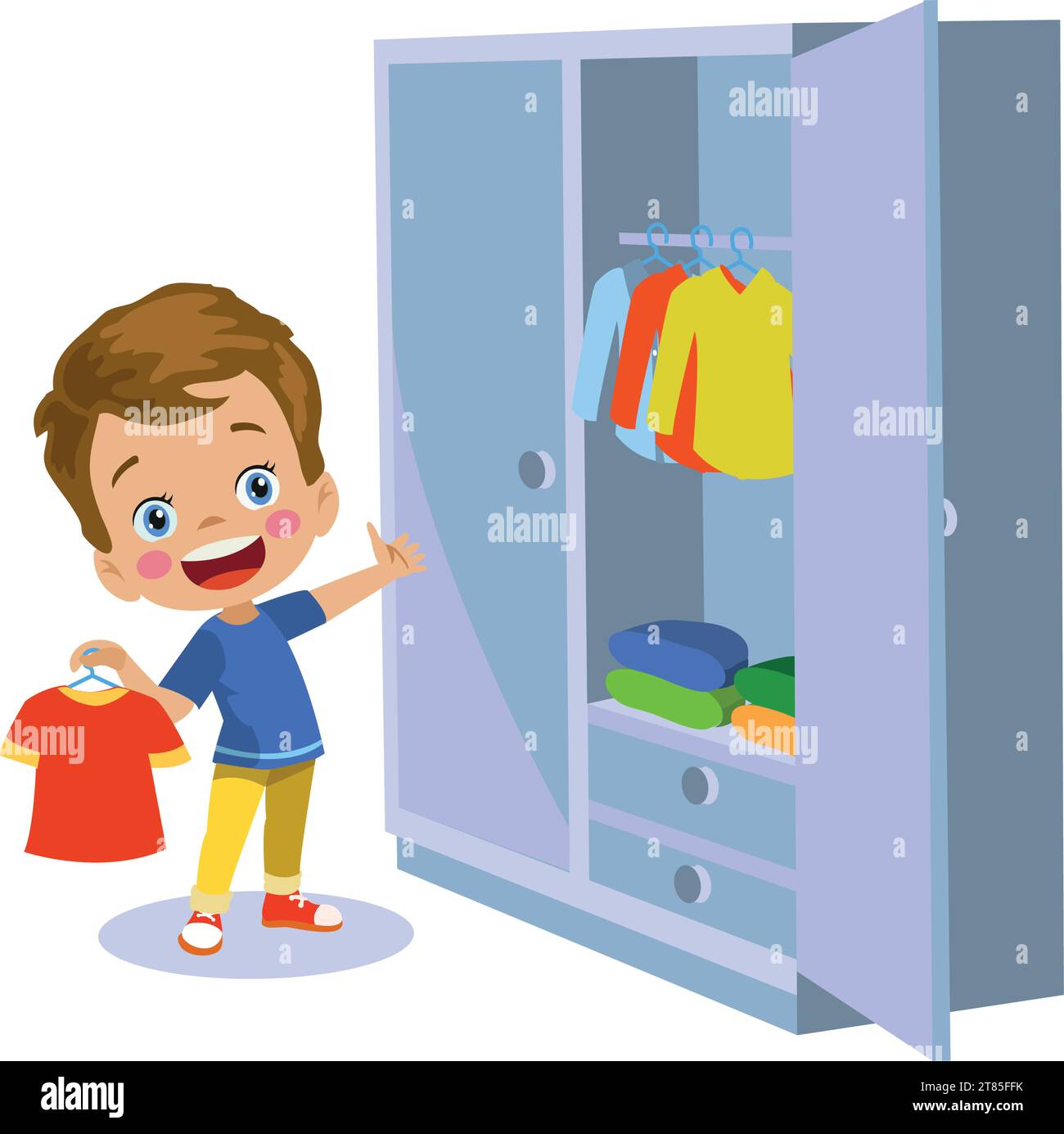 boy choosing clothes in his closet Stock Vector