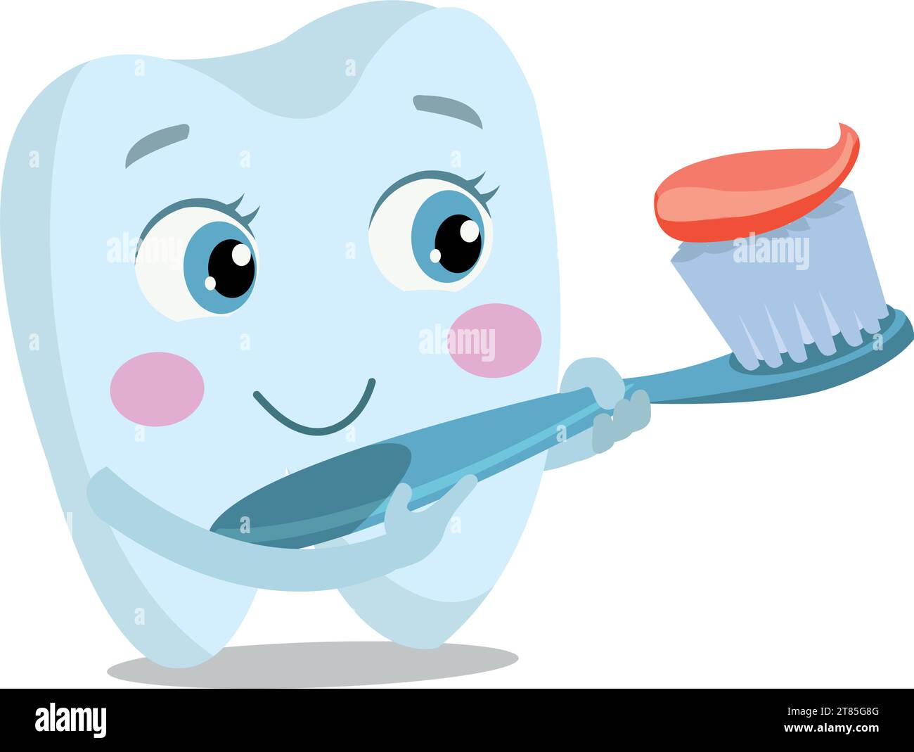 Cute tooth boy and girl emoji with toothpaste, toothbrush and sparkles
