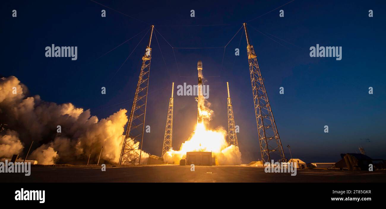CAPE CANAVERAL, FLORIDA, USA - 17 March 2023 - A SpaceX Falcon 9 rocket launches off from Cape Canaveral, Florida, USA carrying SES-18 & SES-19, which Stock Photo