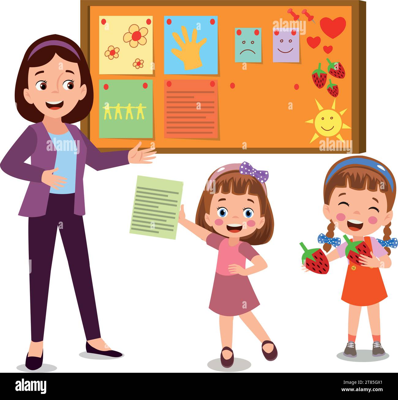 Cork board with paper notes and children picture Stock Vector