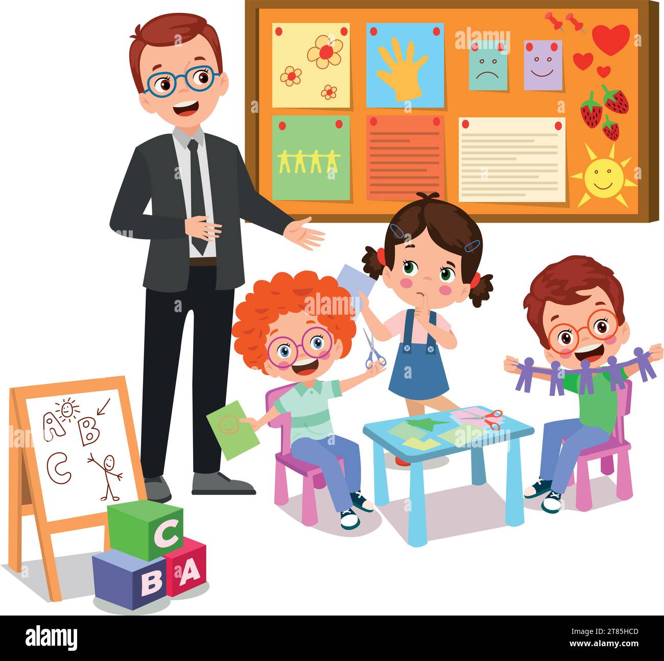 Cork board with paper notes and children picture Stock Vector