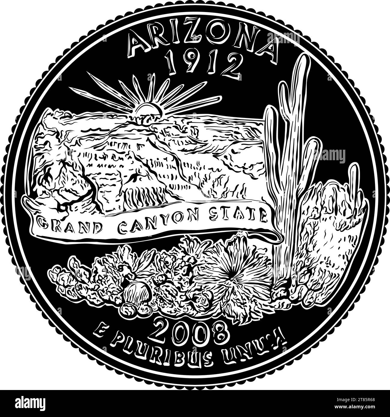 American money, USA quarter dollar Arizona silver coin, Grand Canyon on reverse. Black and white Stock Vector
