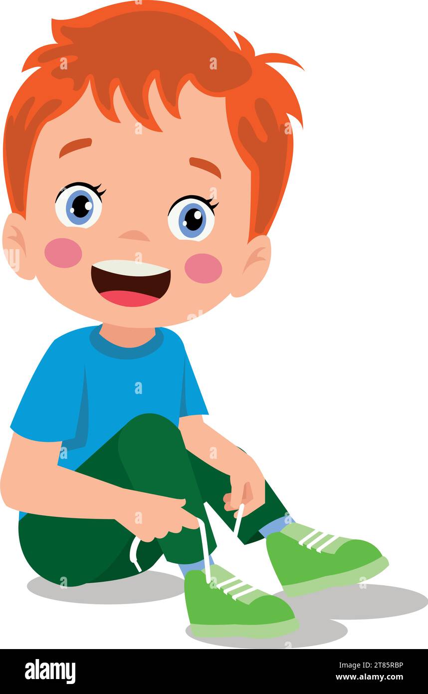 cute little boy tying his shoelaces Stock Vector