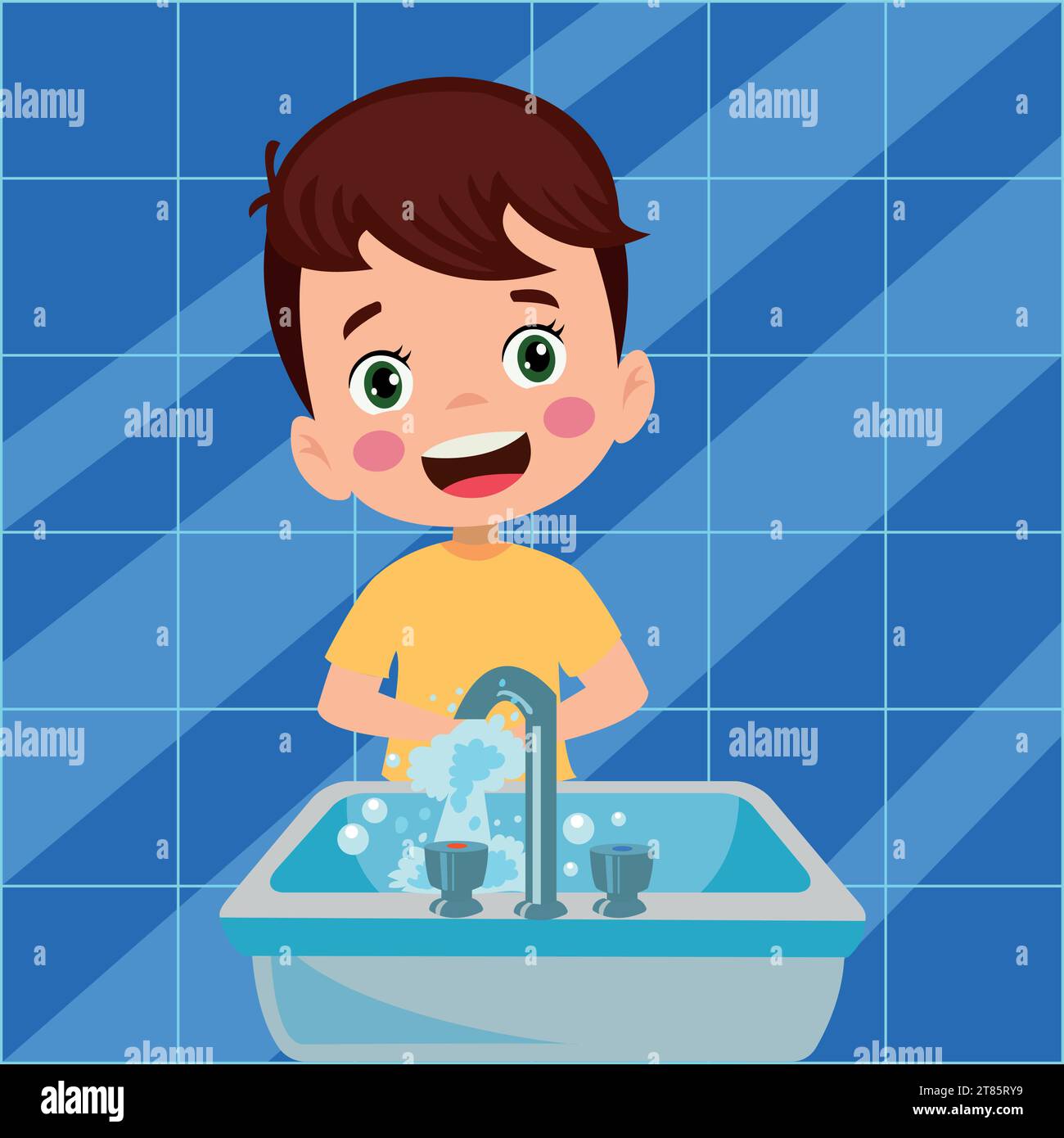 happy cute little kid boy wash hand in sink Stock Vector