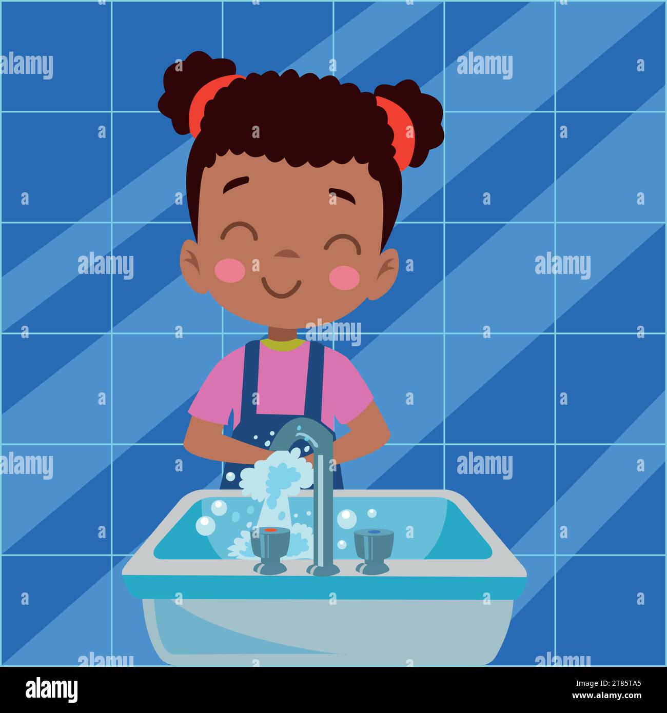 happy cute little kid boy wash hand in sink Stock Vector