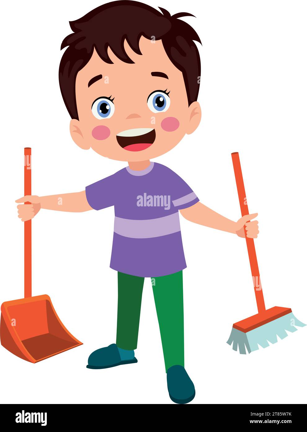 cute little boy cleaning with broom and shovel Stock Vector