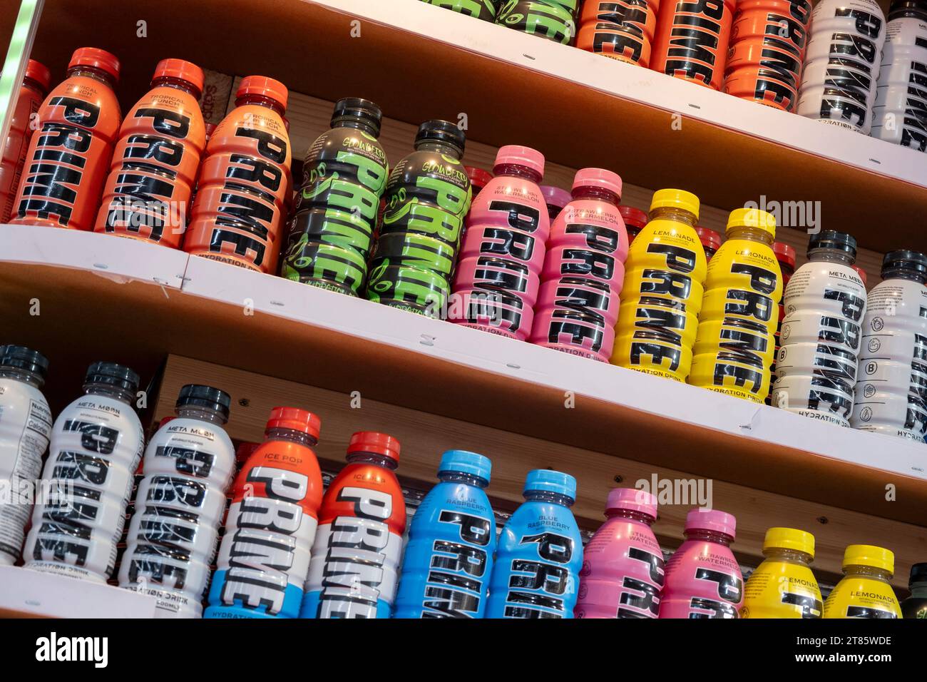 Various flavours of the energy drink Prime for sale in a shop on 16th October 2023 in London, United Kingdom. Prime is a range of sports drinks, drink mixes, and energy drinks created and marketed by Prime Hydration, LLC. The brand is promoted and partially owned by Logan Paul and KSI. Stock Photo