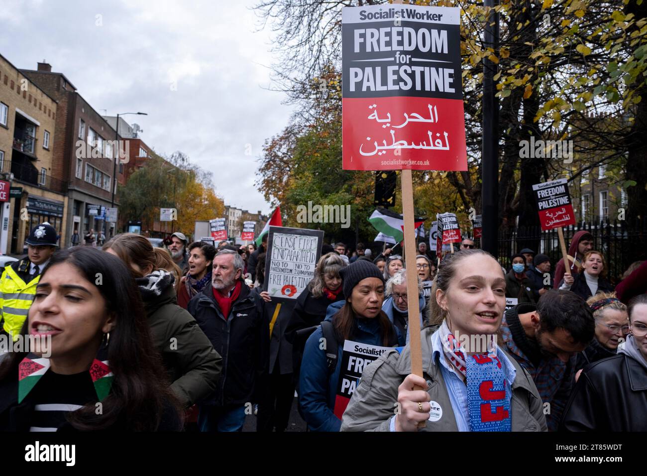 Following last weekends pro-Palestinian ceasefire now demonstration, hundreds of protesters gathered at Highbury Corner in Islington for a March for Palestine to call for peace in Gaza on 18th November 2023 in London, United Kingdom. Major demonstrations in the capital did not occur this weekend, and instead smaller protests took place adding up to many thousands of people all over the city and country to call an end to the Hamas-Israel conflict. Stock Photo