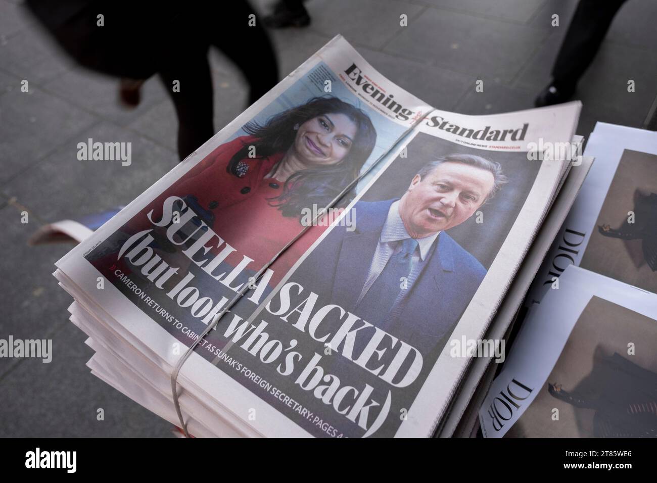 Evening Standard newspaper headline poster reports that Conservative MP and Home Secretary Suella Braverman was sacked from her post, while former PM David Cameron is to return as Foreign Secretary in a major reshuffle of the front bench Cabinet ministers in the current government on 13th November 2023 in London, United Kingdom. Stock Photo
