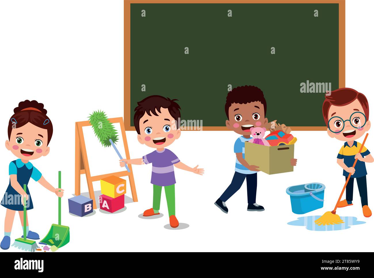 cute students cleaning classroom at school Stock Vector