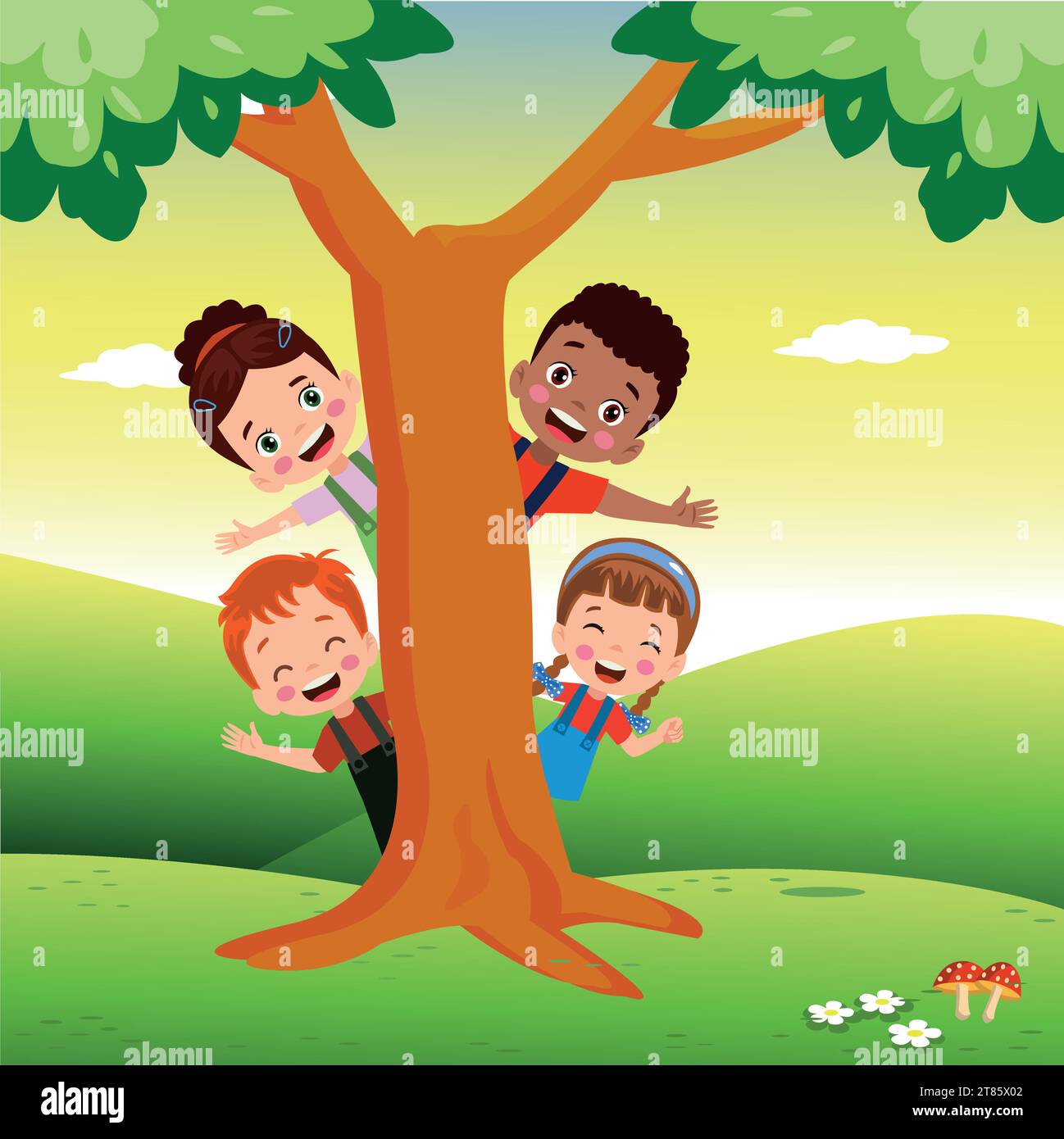 cute little kids looking out from behind the tree Stock Vector