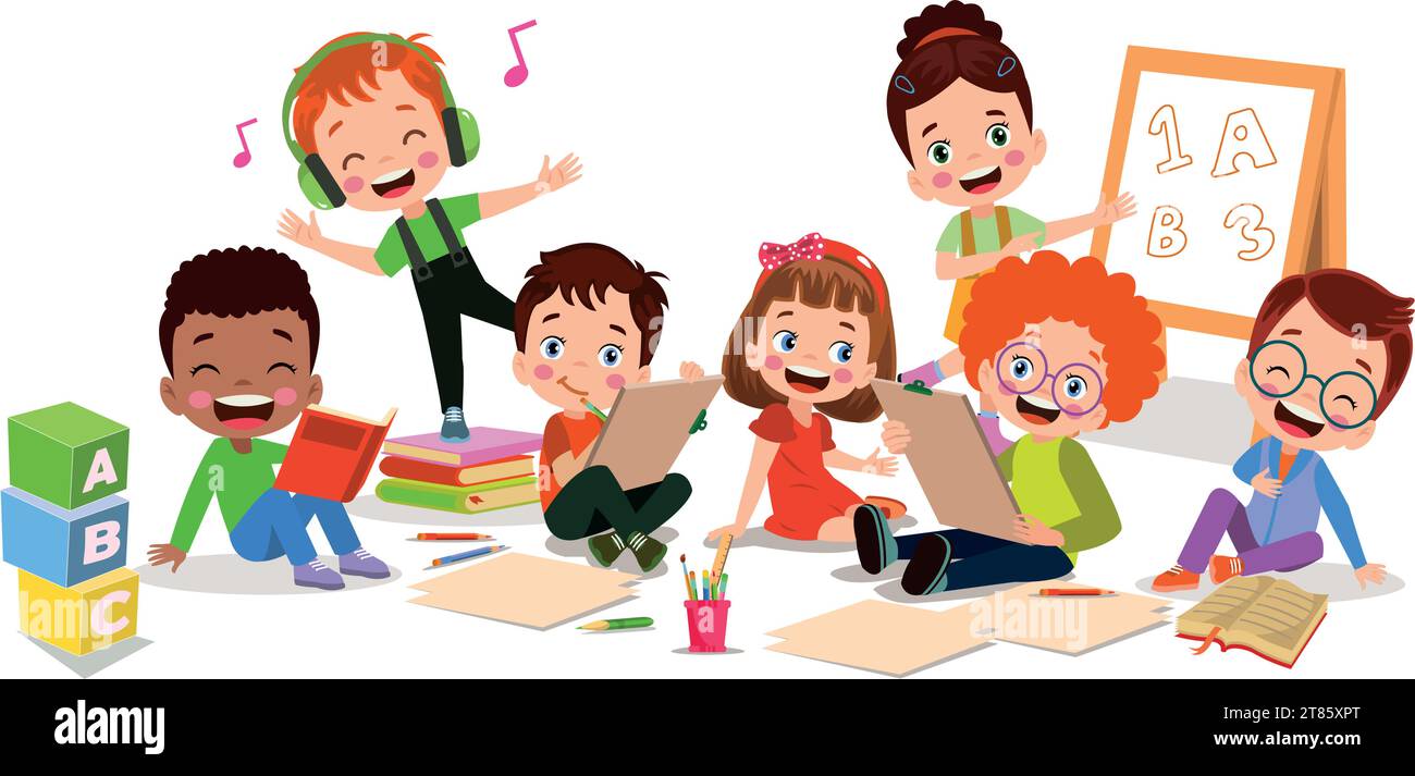 back to school school classroom and cute happy students Stock Vector ...