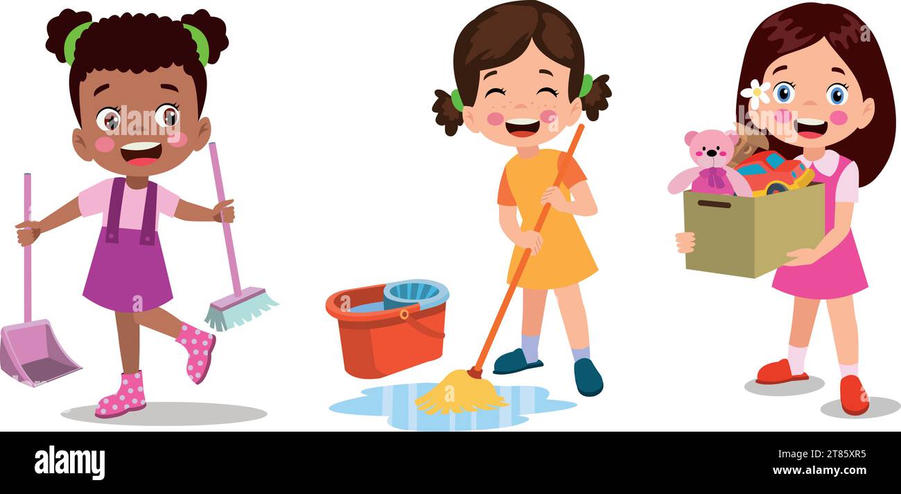 Vector Cartoon kids cleaning at home set Children in various cleaning positions Stock Vector