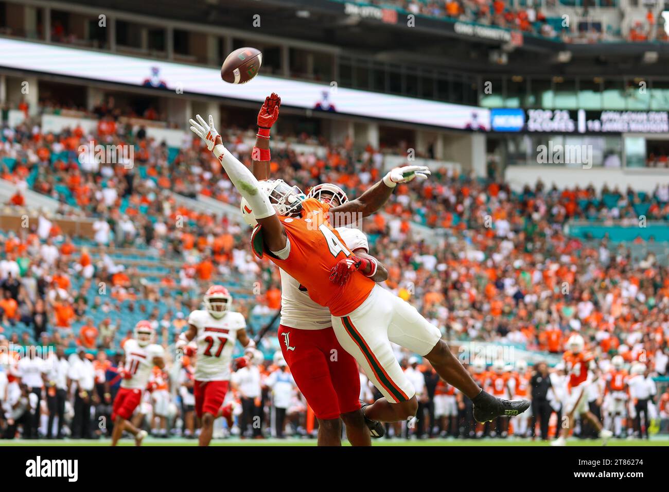 WR Colbie Young in action at Miami Gardens, Florida, USA,11/18/2023,  Miami Hurricanes v Louisville   - NCCA  Photo: Chris Arjoon/Credit Stock Photo