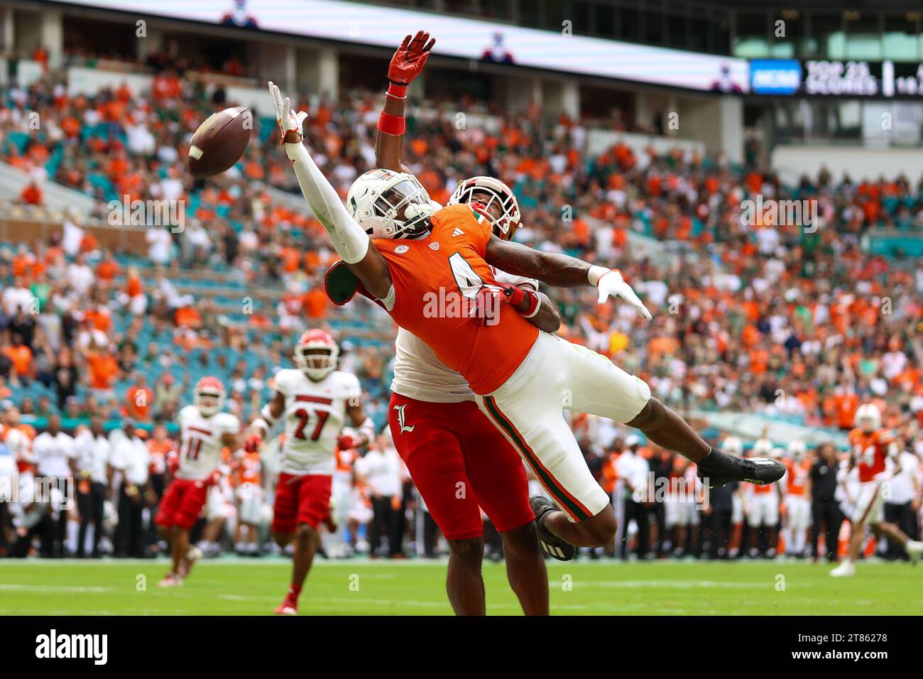 WR Colbie Young in action at Miami Gardens, Florida, USA,11/18/2023,  Miami Hurricanes v Louisville   - NCCA  Photo: Chris Arjoon/Credit Stock Photo